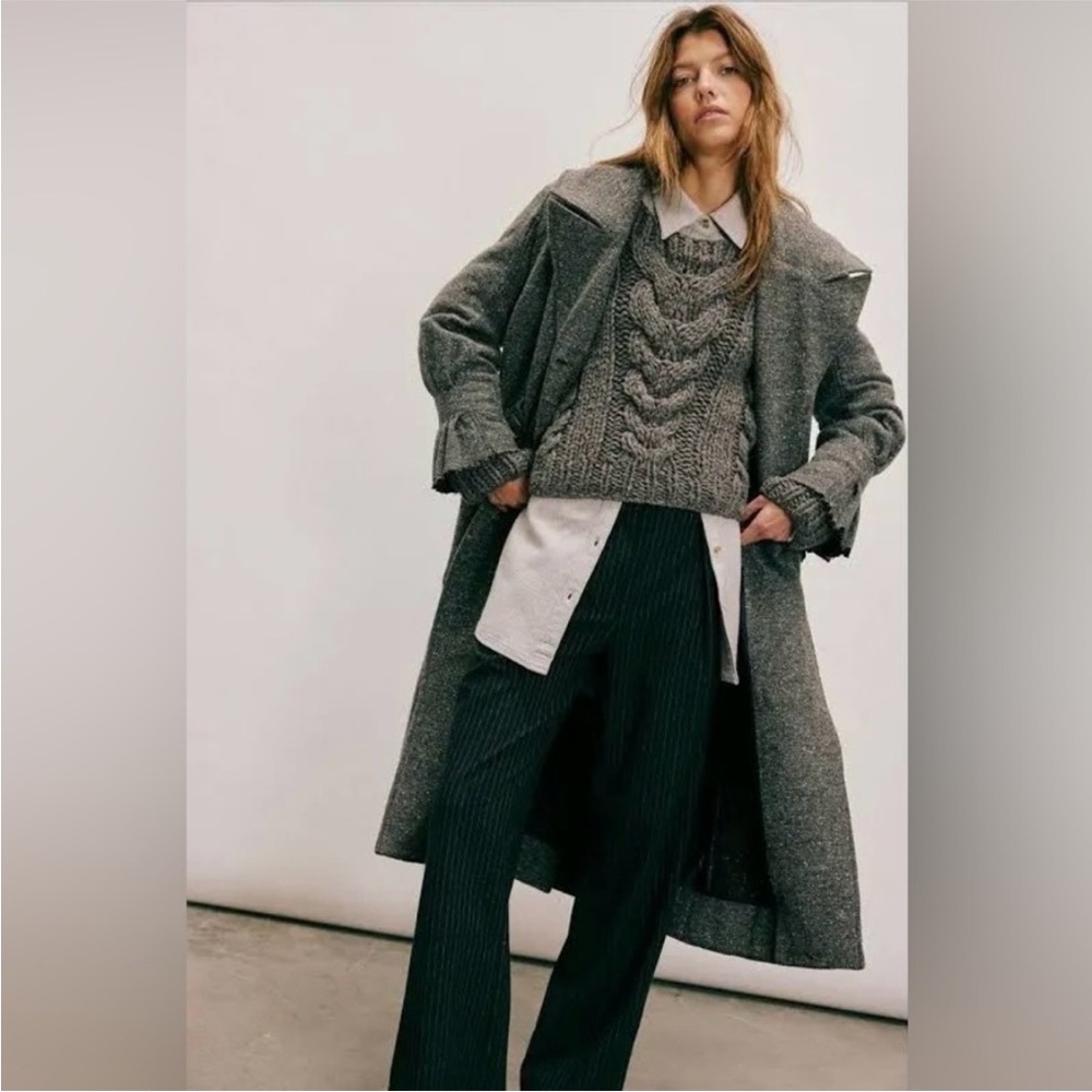 NWT Free People | Women’s Grey Mottled Wool Blend Ruffle Detail Trench Coat Sz S